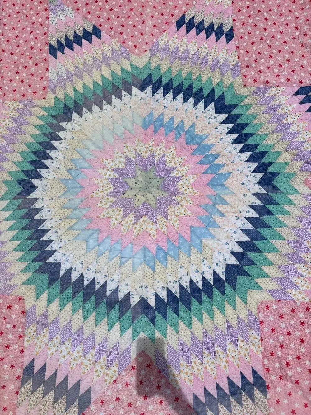 70s Pastel Dandy Lone Star Faded Patchwork Quilt